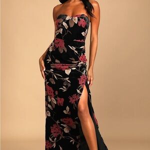 Black Floral Velvet Strapless Dress